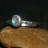 Dainty oval moonstone ring in silver bezel setting with oxidized texture sterling silver band - Metal Studio Jewelry
