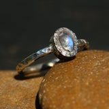 Tiny Moonstone ring in silver bezel setting with sterling silver oxidized hard texture band - Metal Studio Jewelry