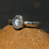 Tiny Moonstone ring in silver bezel setting with sterling silver oxidized hard texture band - Metal Studio Jewelry