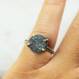 Gray round druzy ring in silver bezel and brass prongs setting with sterling silver hammer texture band - Metal Studio Jewelry
