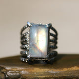 Cabochon rectangle Moonstone ring in silver bezel and prongs setting with sterling silver skeleton multi wrap band - Metal Studio Jewelry