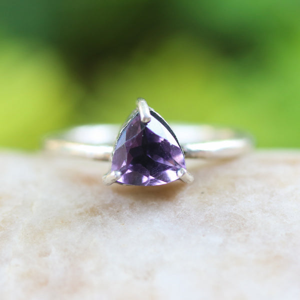 Trillion Amethyst ring in silver bezel and prongs setting with sterling silver round design band - Metal Studio Jewelry