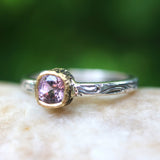 Square cut pink spinel ring in 18k gold bezel setting with sterling silver in leaf design engraving band - Metal Studio Jewelry