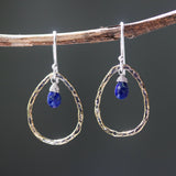 Lapis lazuli earrings and oxidized brass teardrop shape in hammer textured on sterling silver hook style - Metal Studio Jewelry