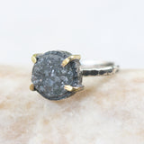 Gray round druzy ring in silver bezel and brass prongs setting with sterling silver hammer texture band - Metal Studio Jewelry