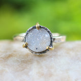 Light gray/yellow round druzy quartz ring in silver bezel and brass prongs setting with sterling silver hammer texture band - Metal Studio Jewelry