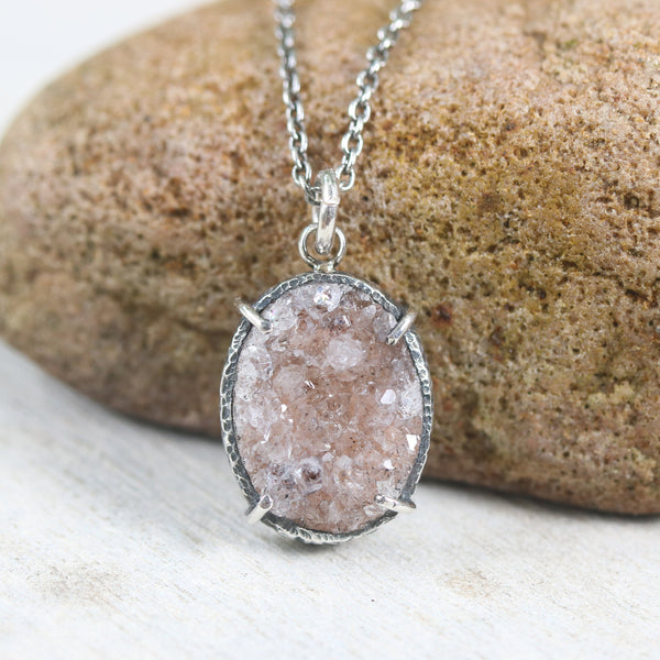 Sterling silver necklace with oval brown Druzy quartz pendant - Metal Studio Jewelry