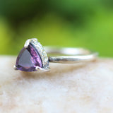 Trillion Amethyst ring in silver bezel and prongs setting with sterling silver round design band - Metal Studio Jewelry