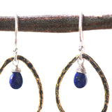 Lapis lazuli earrings and oxidized brass teardrop shape in hammer textured on sterling silver hook style - Metal Studio Jewelry