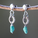 Blue turquoise earrings in freeform shape with silver ring loops and sterling silver stud style - Metal Studio Jewelry