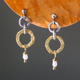 Gold plated silver hoop earrings with pearl accents and sterling silver stud style - Metal Studio Jewelry