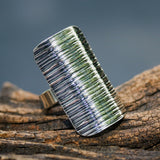 Adjustable ring wrap sterling silver in rectangle shape with oxidized lines design - Metal Studio Jewelry