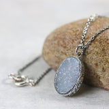 Oval grey Druzy pendant necklace in silver bezel setting with aquamarine beads secondary on sterling silver chain - Metal Studio Jewelry