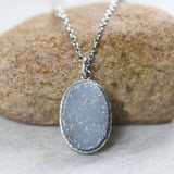 Oval grey Druzy pendant necklace in silver bezel setting with aquamarine beads secondary on sterling silver chain - Metal Studio Jewelry
