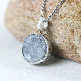 Grey druzy pendant necklace in silver bezel setting with amethyst beads on sterling silver chain - Metal Studio Jewelry