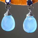 Dyed blue chalcedony teardrop faceted earrings with tiny blue sapphire on the top and sterling silver stud style - Metal Studio Jewelry