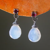 Dyed white chalcedony teardrop faceted earrings with tiny pink tourmaline on the top and sterling silver stud style - Metal Studio Jewelry