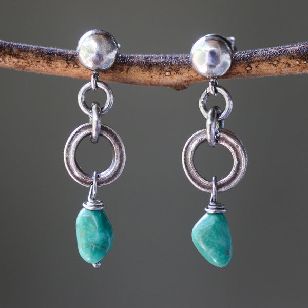Blue turquoise earrings in freeform shape with silver ring loops and sterling silver stud style - Metal Studio Jewelry