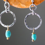 Blue turquoise in freeform earrings and hammer silver loops with sterling silver stud style - Metal Studio Jewelry