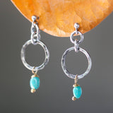 Blue turquoise in freeform earrings and hammer silver loops with sterling silver stud style - Metal Studio Jewelry