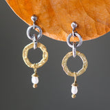 Gold plated silver hoop earrings with pearl accents and sterling silver stud style - Metal Studio Jewelry