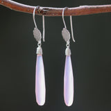 Pink chalcedony earrings with silver wire wrapped on sterling silver hooks leaf design style - Metal Studio Jewelry
