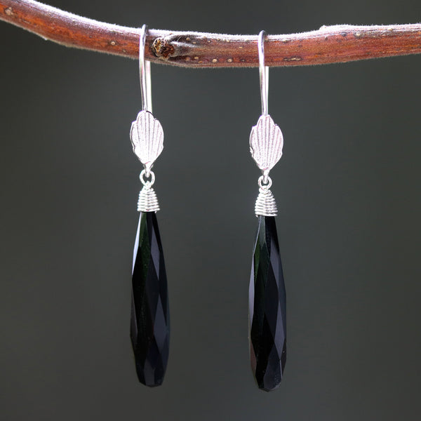 Black onyx earrings with silver wire wrapped on sterling silver hooks leaf design style - Metal Studio Jewelry