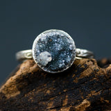 Black round druzy quartz ring in silver bezel setting with sterling silver leaf design band - Metal Studio Jewelry