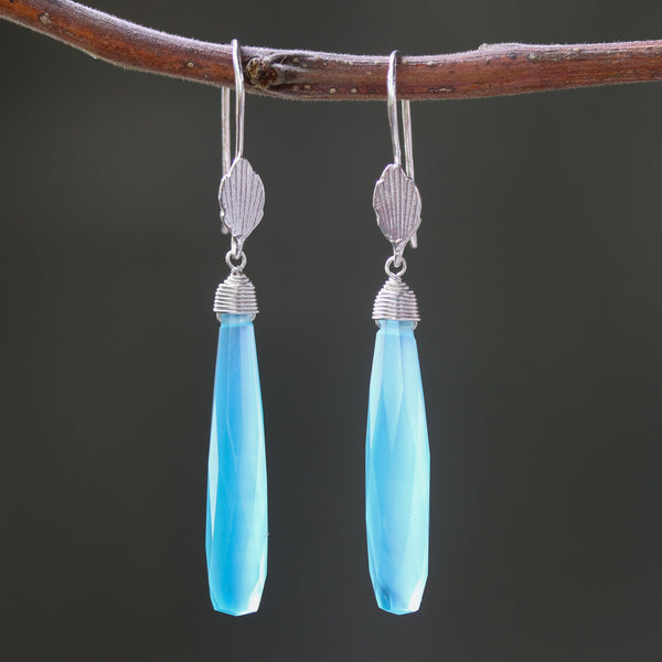Blue chalcedony earrings with silver wire wrapped on sterling silver hooks leaf design style - Metal Studio Jewelry