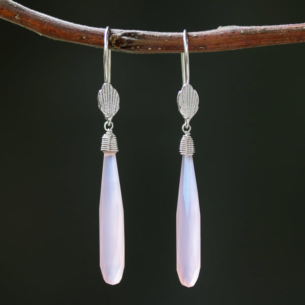 Pink chalcedony earrings with silver wire wrapped on sterling silver hooks leaf design style - Metal Studio Jewelry