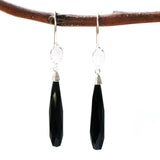 Black onyx earrings with silver wire wrapped on sterling silver hooks leaf design style - Metal Studio Jewelry
