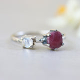 Faceted ruby ring in silver prongs setting and faceted moonstone with sterling silver texture band