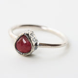 Teardrop ruby ring in silver bezel setting with sterling silver high polish finished band - Metal Studio Jewelry