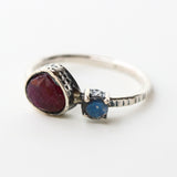 Deep red ruby ring in silver bezel setting and tiny round labradorite with sterling silver texture design band - Metal Studio Jewelry