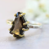 Smoky quartz ring in silver bezel and brass prongs with sterling silver hammer texture band - Metal Studio Jewelry