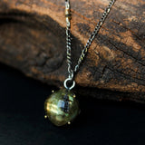 Square olive green Labradorite pendant necklace with sterling silver chain - Metal Studio Jewelry