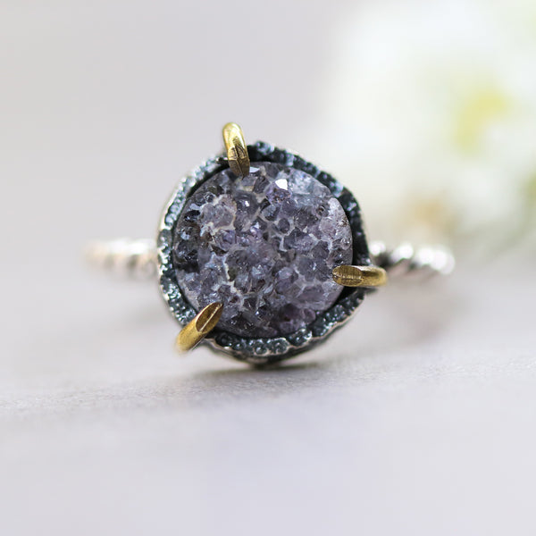 Purple round druzy quartz ring in silver bezel and brass prongs setting with oxidized sterling silver twist design band - Metal Studio Jewelry