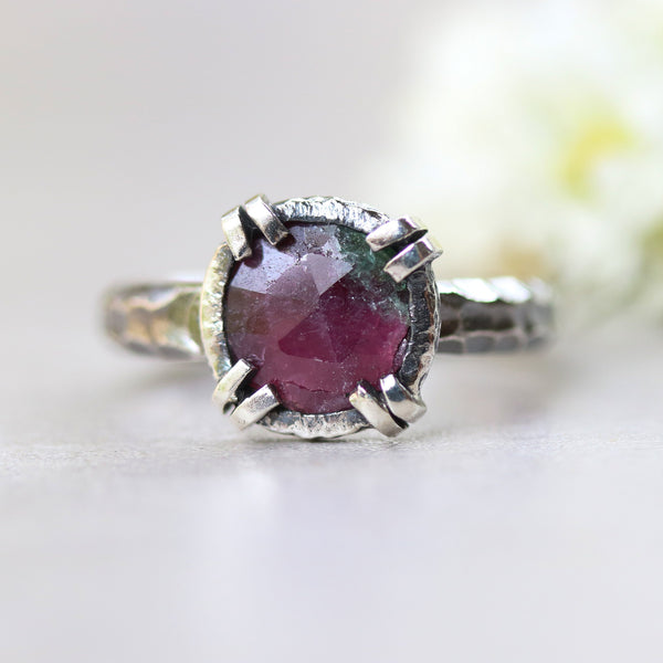 Round Ruby zoisite ring in silver bezel and double prongs setting with sterling silver oxidized hard textured band
