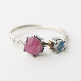 Faceted pink ruby ring in silver prongs setting and tiny moonstone - Metal Studio Jewelry