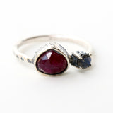 Deep red ruby ring in silver bezel setting and tiny round labradorite with sterling silver texture design band - Metal Studio Jewelry