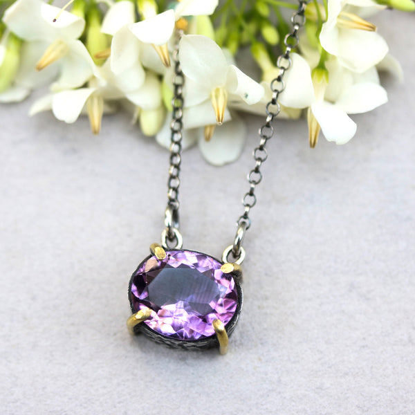 Oval faceted Amethyst necklace in silver bezel and brass prongs setting - Metal Studio Jewelry