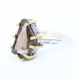 Smoky quartz ring in silver bezel and brass prongs with sterling silver hammer texture band - Metal Studio Jewelry