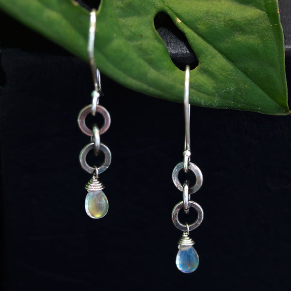 Earrings,Teardrop cabochon moonstone and 3 round silver ring on sterling silver hooks style - Metal Studio Jewelry