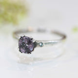Purple spinel ring in prongs setting and diamond side set with sterling silver band - Metal Studio Jewelry