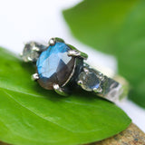 Oval gray faceted labradorite ring and tiny labradorite on side - Metal Studio Jewelry