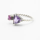 Trillion Amethyst ring and tiny oval ruby in silver bezel and double prongs setting with sterling silver twist design band - Metal Studio Jewelry