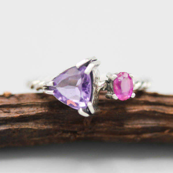 Trillion Amethyst ring and tiny oval ruby in silver bezel and double prongs setting with sterling silver twist design band - Metal Studio Jewelry