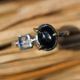 Black star diopside and square moonstone ring in silver bezel  and brass prongs setting with sterling silver twist design band - Metal Studio Jewelry