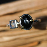 Black star diopside and square moonstone ring in silver bezel  and brass prongs setting with sterling silver twist design band
