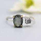 Oval labradorite ring and round tiny moonstone side set gems in prongs setting with sterling silver oxidized band - Metal Studio Jewelry